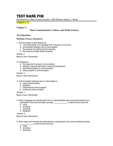 Test Bank For Introduction to Mass Communication  2026 Release Stanley J. Baran