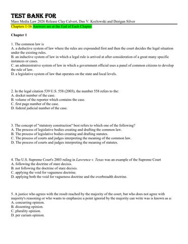 Test Bank For Mass Media Law 2026 Release Clay Calvert, Dan V. Kozlowski and Derigan Silver