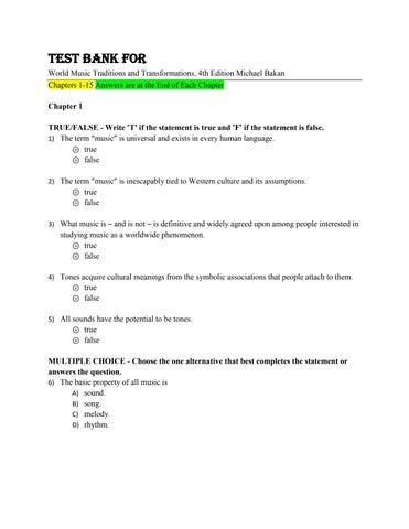 Test Bank For World Music Traditions and Transformations, 4th Edition Michael Bakan