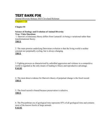 Test Bank For Animal Diversity Release 2025 Cleveland Hickman