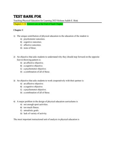 Test Bank For Teaching Physical Education for Learning 2025 Release Judith E. Rink