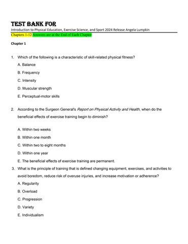 Test Bank For Introduction to Physical Education, Exercise Science, and Sport 2024 Release Angela Lu