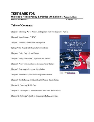 TEST BANK FOR Milstead's Health Policy & Politics 7th Edition by Nancy M. Short ISBN 9781284228519 C